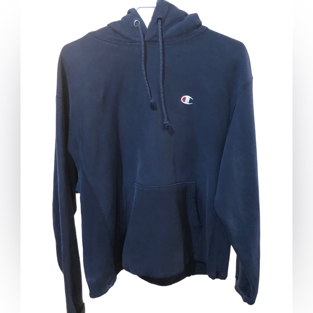 Vintage Champion Reverse Weave Navy Blue Hoodie with Kangaroo Pocket Adult Large